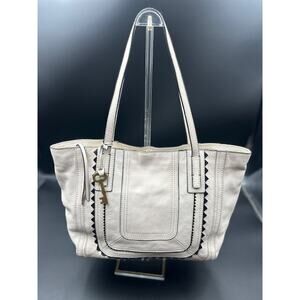 Fossil Carlie Ivory Black Leather Rick Rack Tote Shopper Shoulder Bag Boho Purse